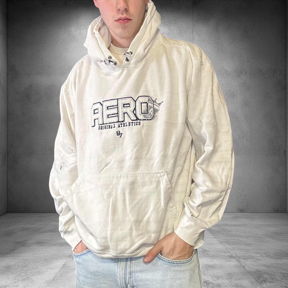 Vintage Aeropostale Hoodie Y2K White Boxy Graphic Pullover XL Skater Grunge